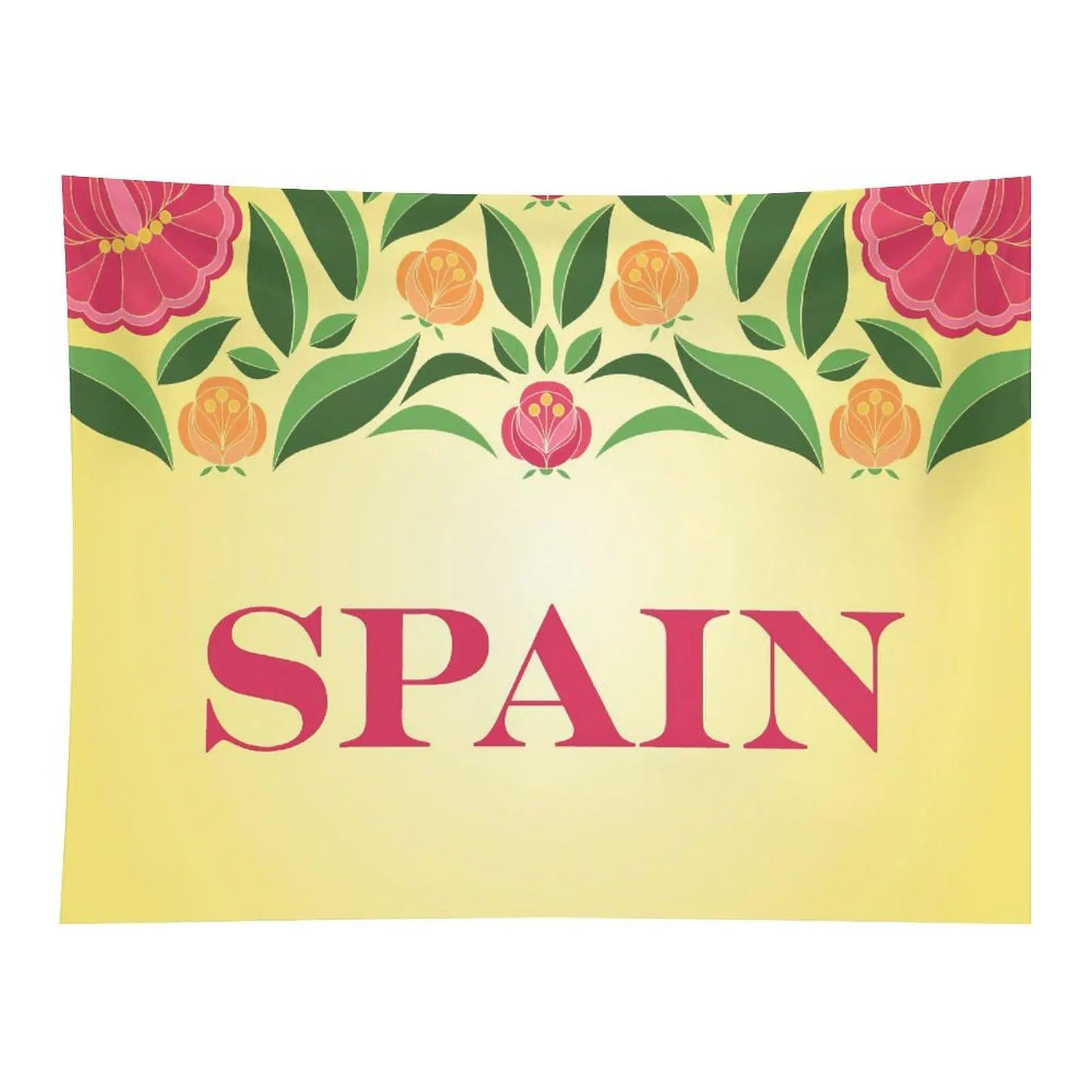 Light Yellow Background Pink Orange Floral Green Leaf Retro Spain Country Travel Botanical Pattern Wall Tapestry For Farmhouse Living Room Bedroom Decor