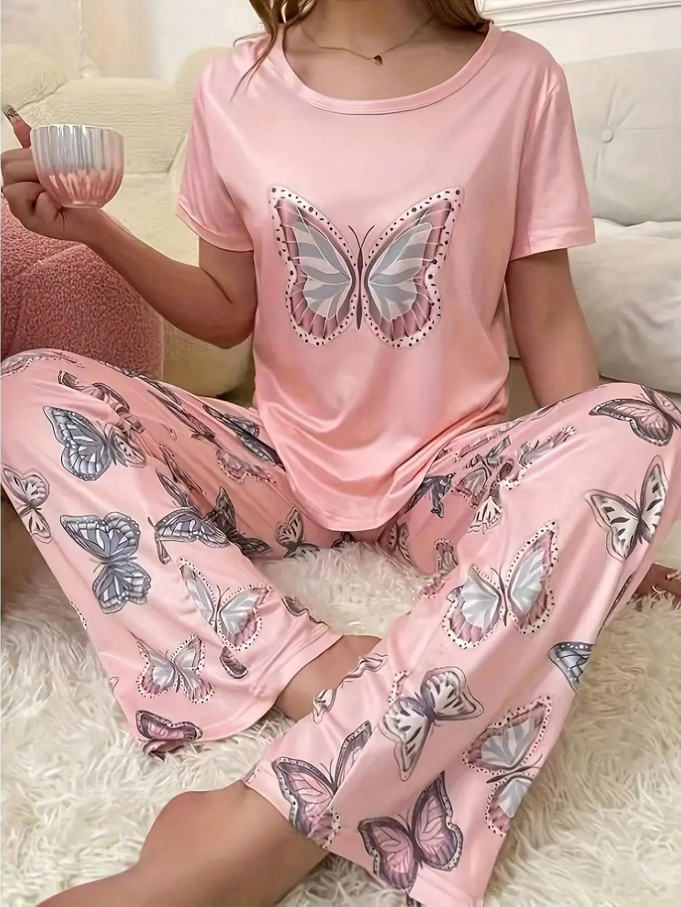 2PCS Women's Mauve Butterfly Print Pajama Set Short Sleeve Top & Long Pants Soft Polyester Loungewear
