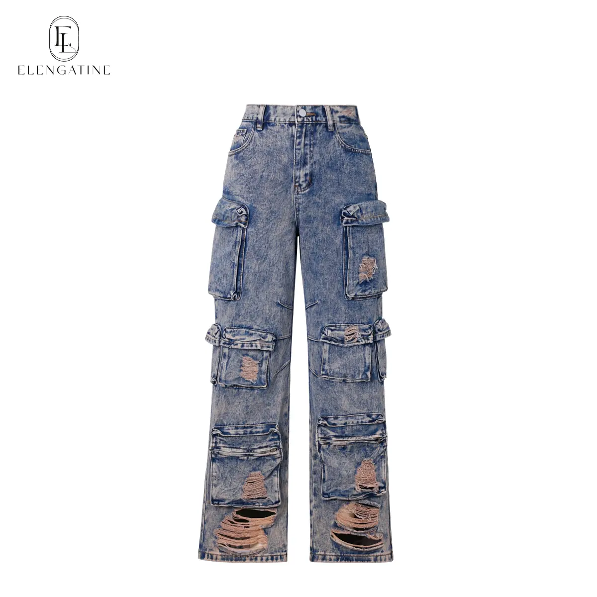 Elengatine Women's High-Waisted Denim Throwback Jeans - Loose-Fit Cotton-Polyester Distressed Edgy Cargo Bottoms, Wide-Straight Leg Streetwear Pants with 13 Utility Pockets, Casual Style, Chic