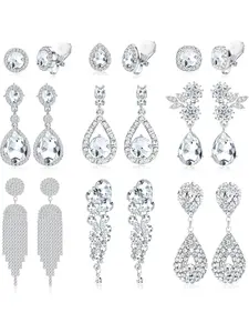 Dazzling 9 Pairs Silvery Exquisite Clip on Earrings for Women Alloy Non-pierced Ear Ornaments for Wedding Bridal Occasions Gorgeous Set Elegant Graceful Teardrop Long Drop Dangle Designs Sparkling Rhinestones Shiny Crystals for Brilliant Glossy Luster