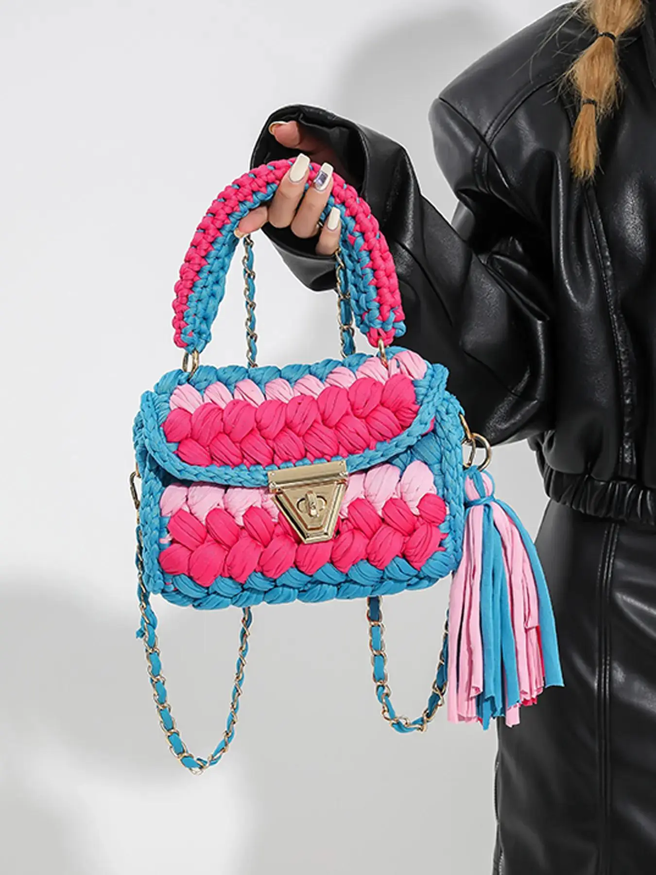 Women's Colorblock Braid Design Bohemian Crossbody Bag with Tassel Charm, Fashionable Handmade Bag for Daily Used, Casual Trendy Versatile High-quality Daily Commuting Bag, Handbag Crossbody Bag, Boho Crossbody Bags