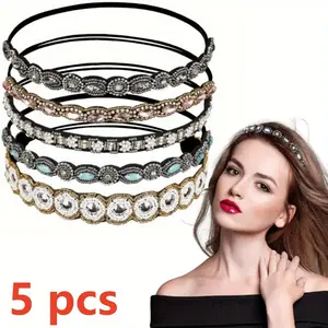 5pcs Hairbands for Women, 5 Rhinestone Beaded Headbands, Head Bands for Women's Hair Fashionable Handmade Crystal Beaded Elastic Hairbands, 20-26.8"(51-68cm), 1 Count (Pack of 5)