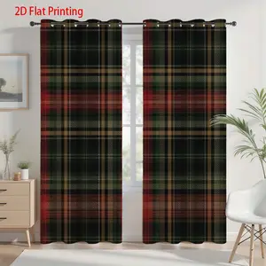 2pcs Black Green Red Plaid Curtains - Semi-Transparent Polyester Fabric with Grommet Top, Machine Washable, Classic Home Decor for Living Room, Bedroom, Kitchen, and More, Curtains for Living Room, Window Curtain