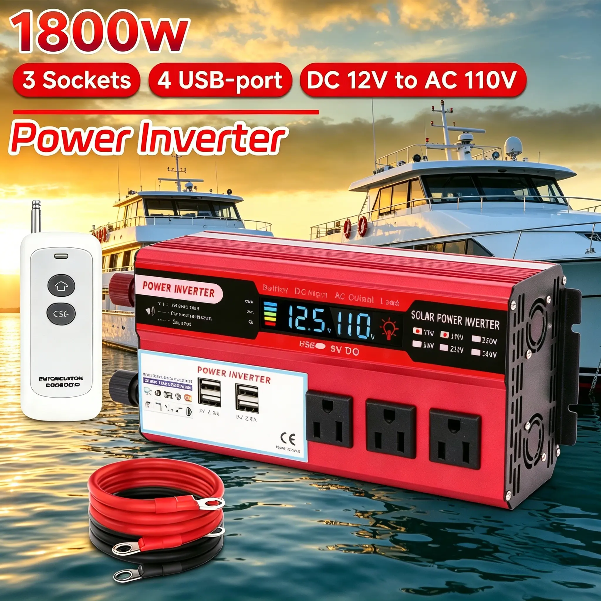Premium 1800W Car Inverter DC 12V to 110V, Fast Multi-Port Charging Layout, Smart Voltage Readout Screen, Comprehensive Fault Protection, Compact Outdoor Power Supply for Self-Driving Tours and Household Power Failure Backup