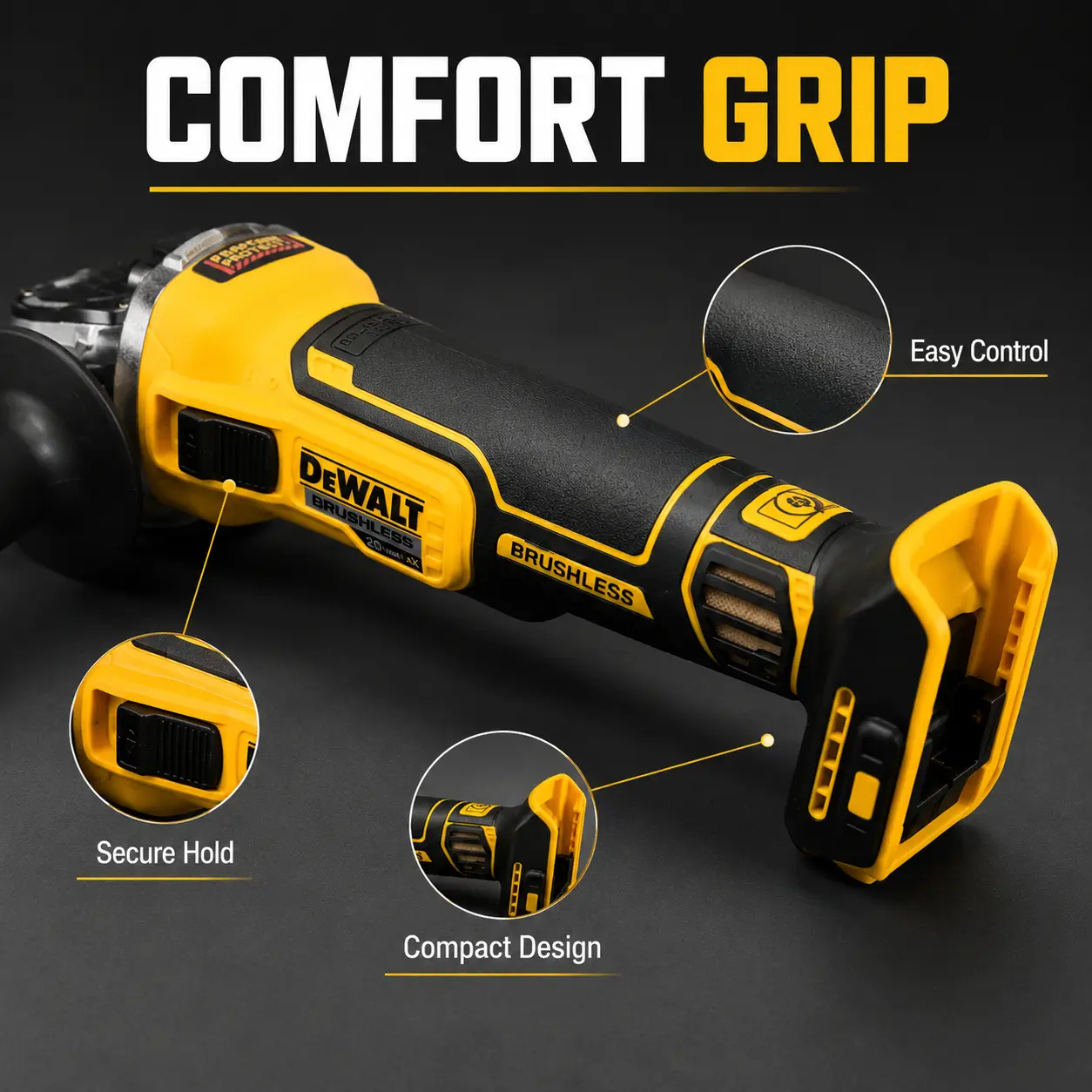 Dewalt DCG405NT 20V Max Professional Cordless Angle Grinder (Batteries Only) - Grinding Polishing Machine, Hardware Tools with Diamond Grinding Wheel, Sanding Disc Multitools & Accessories for Cutting/Sanding, Cordfree Movement, 20V Max Power