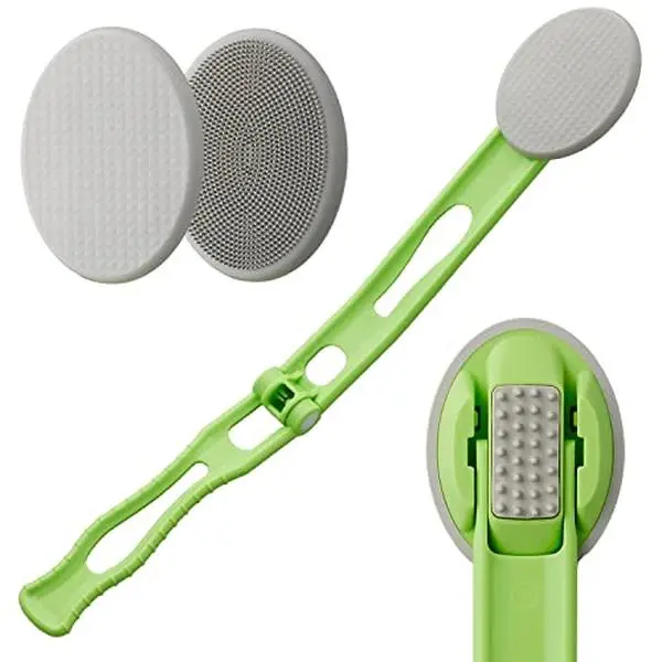 Foldable Back Lotion Applicator with 19.3-in Curved Handle, Durable Self-Application Tool for Adults, Built-in Soothing Massage Scrubber, Rotatable, 2 Pads, Suitable for Cream, Bath Use, All Skin Types
