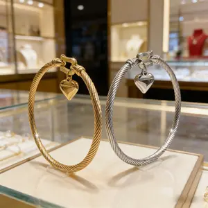 Heart Charm Decor Bangle, Heart Cuff Bracelet, Stainless Steel Jewelry for Party, Daily Clothing Decor, Trendy All-match & Exquisite Jewelry for Birthday Gift Fashion Heart Charm Decor Bangle, Heart Cuff Bracelet, Stainless Steel Jewelry