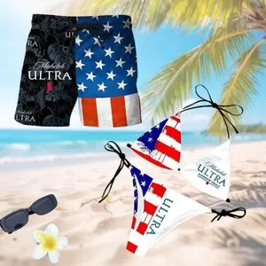 Matching Couple Swimwear Set - Unisex Breathable Moisture-Wicking Bikini, Men’s Beach Shorts, Custom-Print Summer Vacation Hawaiian Outfit, His and Hers Gift, Unisex Fashionable Glasses outdoorfun