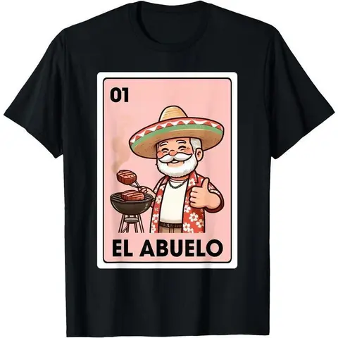 Men's Soft 100% Cotton Shortsleeve Tshirt - Round Neck, Classic Fit, Unisex Sizes, All Seasons Menswear Graphic Top with Grilling Grandpa Mexican Bingo Print, Breathable Fabric