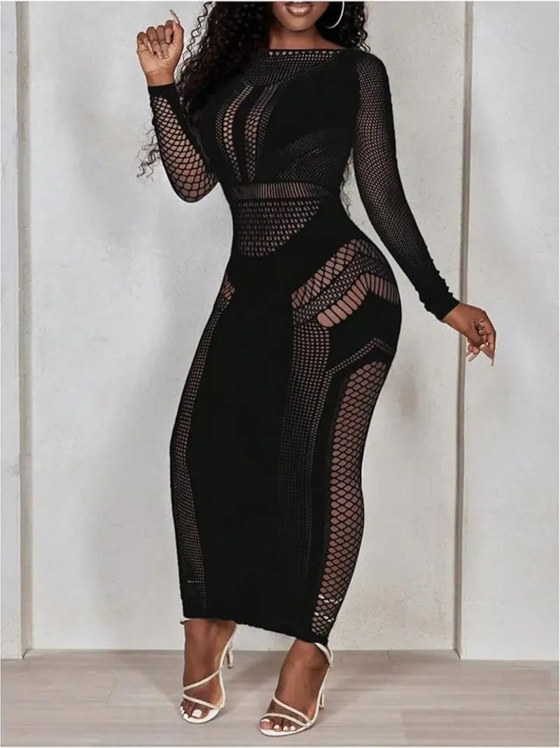 Long Sleeve Tight Sheer Dress Striped Sheer Bodycon Dress For Women With  Slash Neck And Long