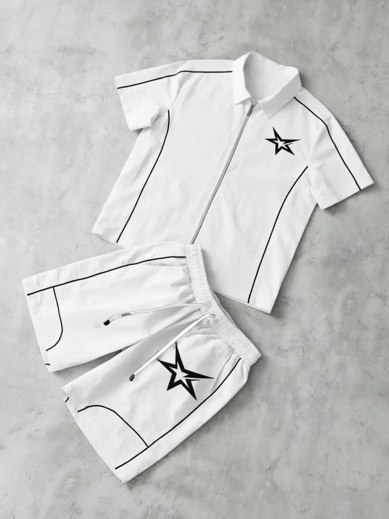 Short Sleeve Zipper Shirt + Shorts Set, Star Print, Breathable Summer Style, Ideal for Daily Wear and Sports, Casual Sporty Style