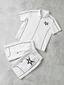 Short Sleeve Zipper Shirt + Shorts Set, Star Print, Breathable Summer, Ideal for Daily Wear and Sports