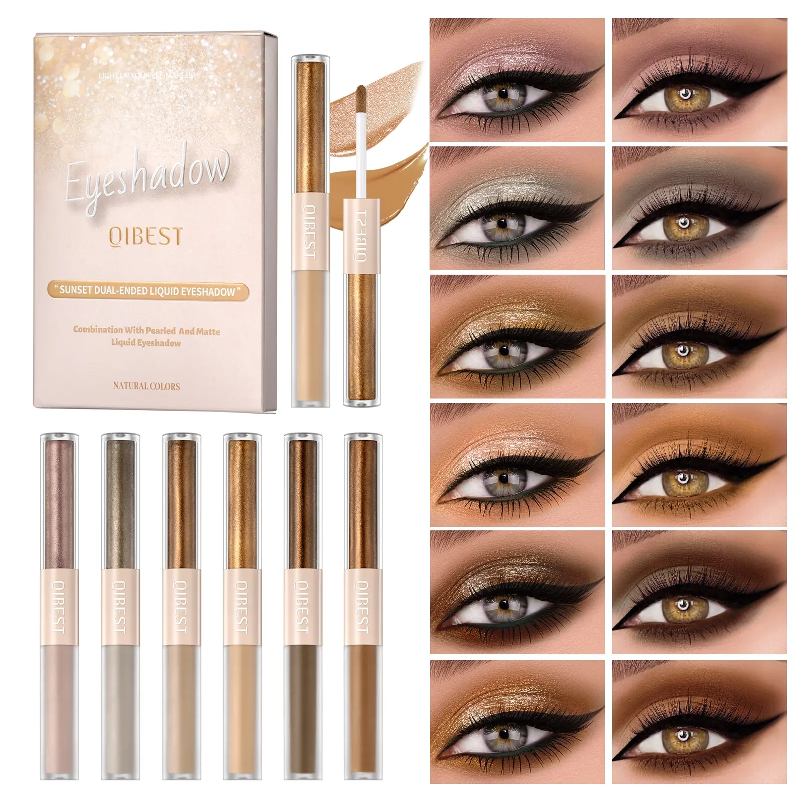 Dual-Head Liquid Eyeshadow Palette, Pearl Matte Fine Glitter Highlighter, Natural Brightening Eye Makeup Set, 6 Colors