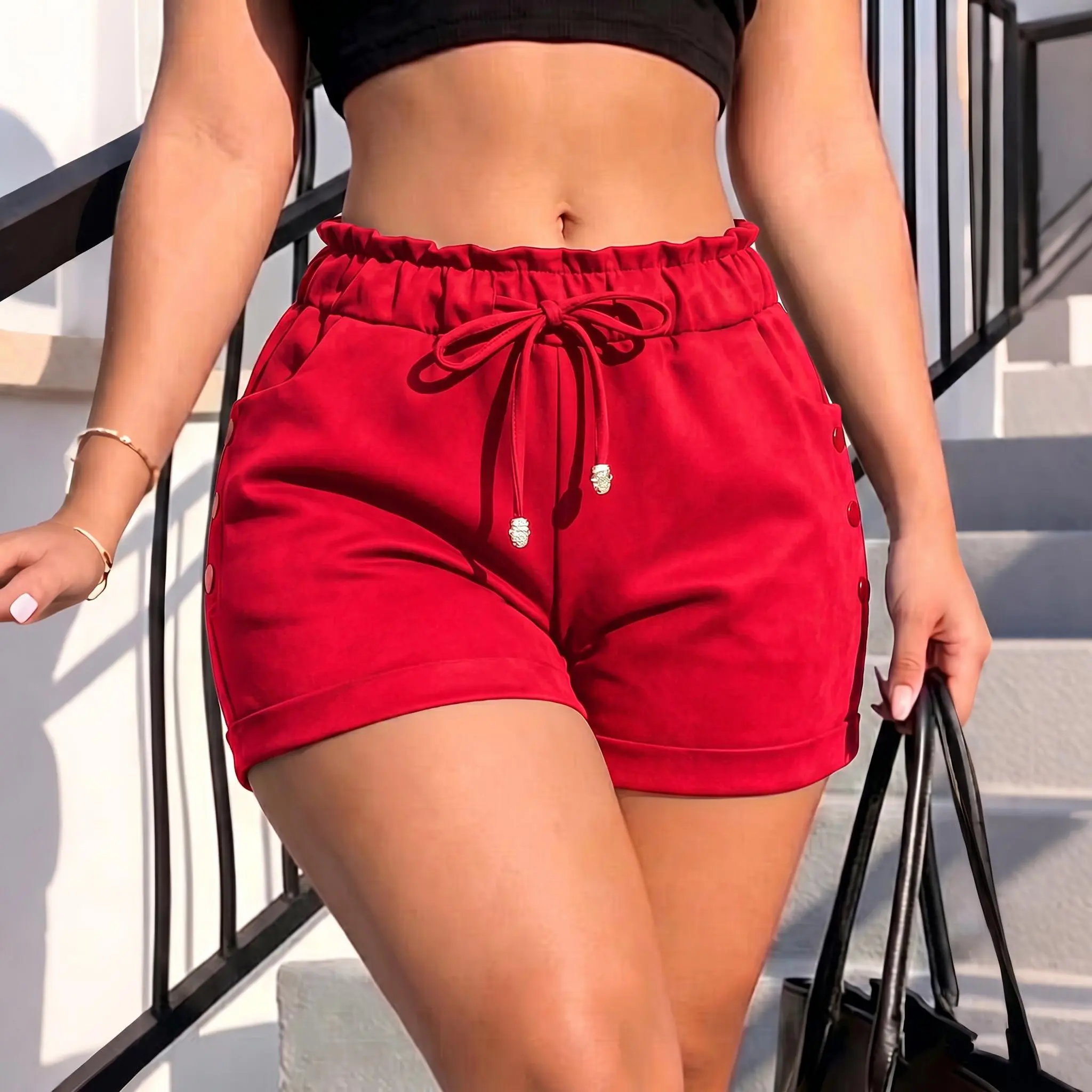 Women's Casual Comfortable Elastic Waist Drawstring Shorts - Side Button Accents, 2 Pockets, Slim Flattering Fit, Summer Basic Womenswear Bottoms