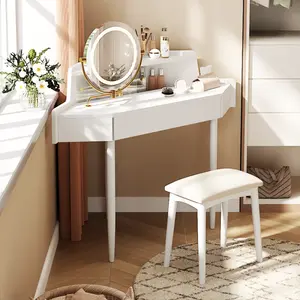 Corner Vanity Desk Set with Stool, Makeup Table Set with Large Drawers and Brightness Adjustable Lights Mirror, Dressing Table for Small Places, White