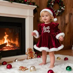 Baby Christmas Dress - Burgundy Velvet Long Sleeve A-Line Dress with "Santa Baby" Print & Plush Trim for 0-24 Months Festive Holiday Wear