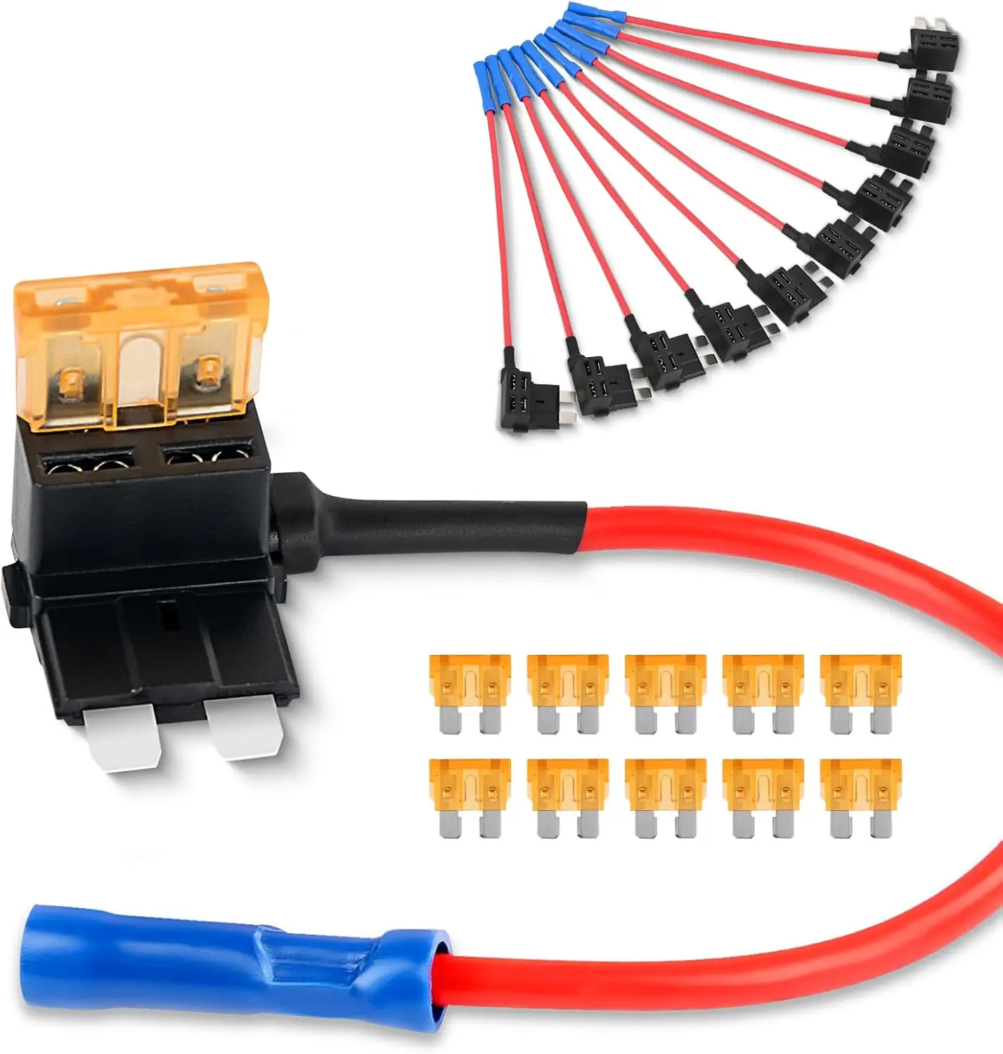 Nilight 12V Car Add-a-Circuit Fuse TAP Adapter, 10-Pack Dual-Slot Safety Model with 5A Standard Fuses (Fits APR/ATC/ATO), Blue Flexible Socket Tail for Cars, Adding LED Strips, DIY Use