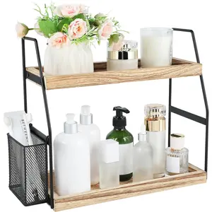 Bathroom Counter Organizer, 2-Tier Standing Storage Shelf with Basket, Wood Tray for Skincare Vanity Organizer