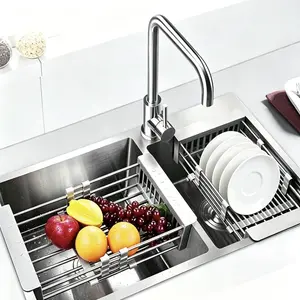 Retractable Drain Basket with Adjustable Armrest,Stainless Steel Kitchen Drying Rack,Over The Sink Dish Drying Rack,Adjustable Multi-function Water Filter Basket for Fruits. Organiser