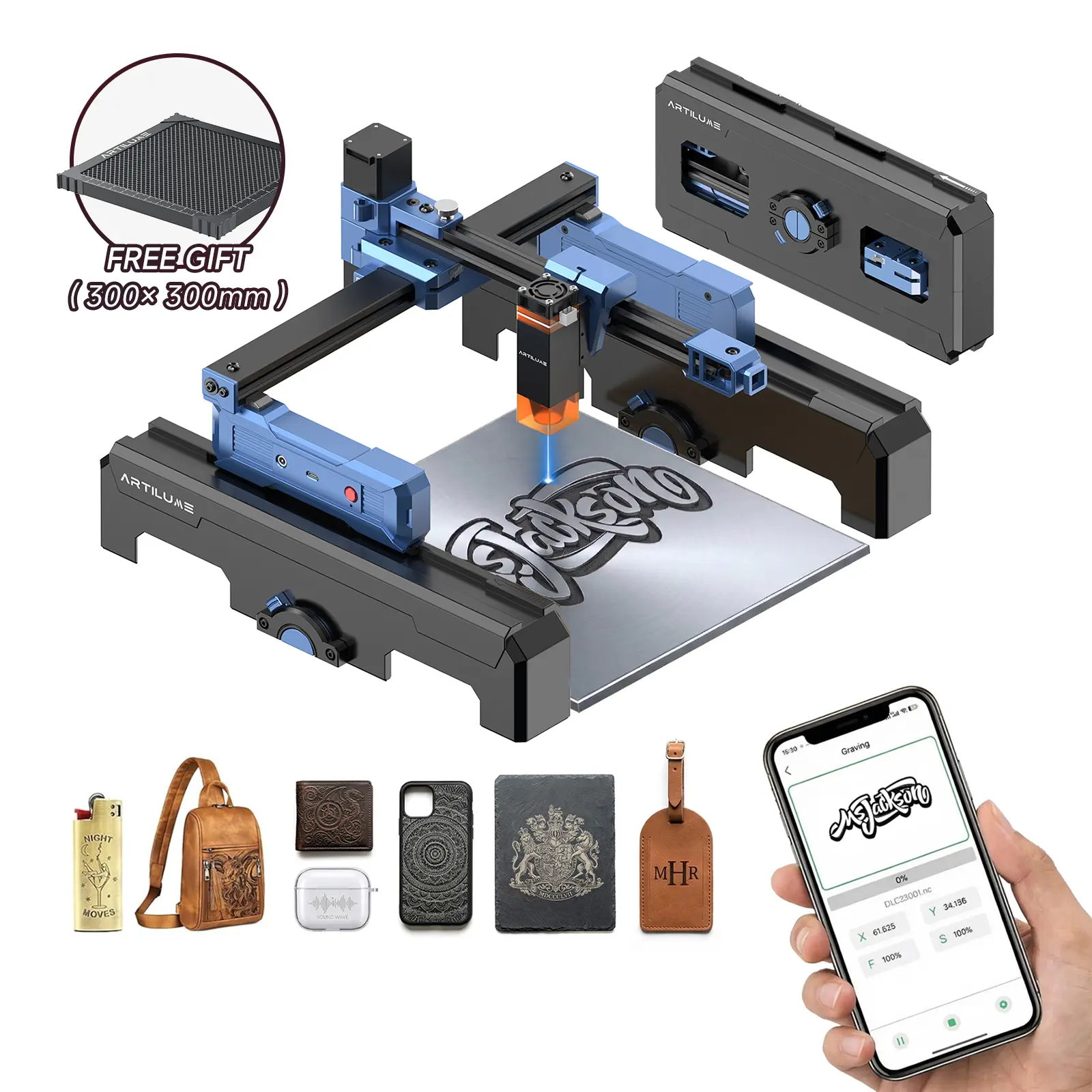 【Free gift】Artilume T1-P Portable Laser Engraving Machine, APP Control, Foldable Design with 8cm Height Extension, 200×150mm Work Area, Engraves Wood, Leather, Acrylic & Coated Metal, Beginner-Friendly DIY Tool for Personalized Gifts & Small Business