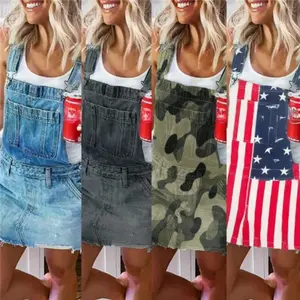 Independence Day Women Denim Dress 2024 Fourth Of July Jeans Bib Overall Dress American Flag Print Romper Casual Collar Womenswear Fathersdaygift Fabric Style Sleeveless Strap Polyester Fit Patchwork Sleeves Summer