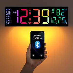 14.2" Large Digital Wall Clock,  Auto Time/Date/Day Sync, LED Large Display, Gym Countdown Timer & Temperature for Classroom, Living Room, , 12 Colors