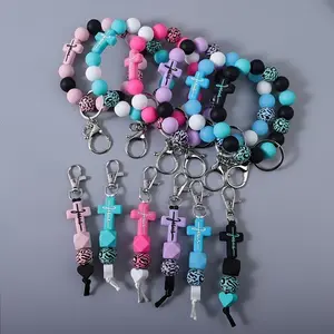 2Pcs/Set Of Leopard Print Wooden Beads, Monochrome Silicone Beads Mixed With Bead Beads, Wrist Keychains, Cross Shaped Silicone Keychains, Backpack Accessories, Gifts