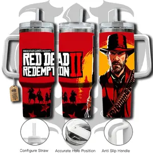 HardTimesMerch 40oz Handle Tumbler with Black 40oz Cap & Handle - Red Dead Redemption 2 #2 Stainless Steel Portable Mug, Game-Inspired Vacuum Insulated Washable Travel Cup, Large Iced Coffee Drinkware, Gamer Gift
