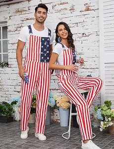 Yuanbang Couples Adjustable Denim Overalls, Red White and Blue Coveralls Menswear with Zip, Men's Casual Rompers, Women's USA Bibs Jumpsuits with Pockets Labor Day Fall/Winter