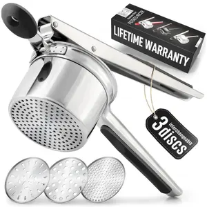 Potato Ricer with 3 Discs - 13.5oz Stainless Steel Masher with Silicone Handles for Smooth Fruits & Veggies, Easy-Grip Kitchen Gadget