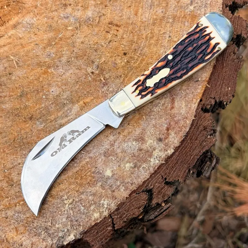 Hawkbill Pocket Knife - Manual Opening, Brass Bolsters, Heavy-Duty Hand Tool for Cutting Tasks