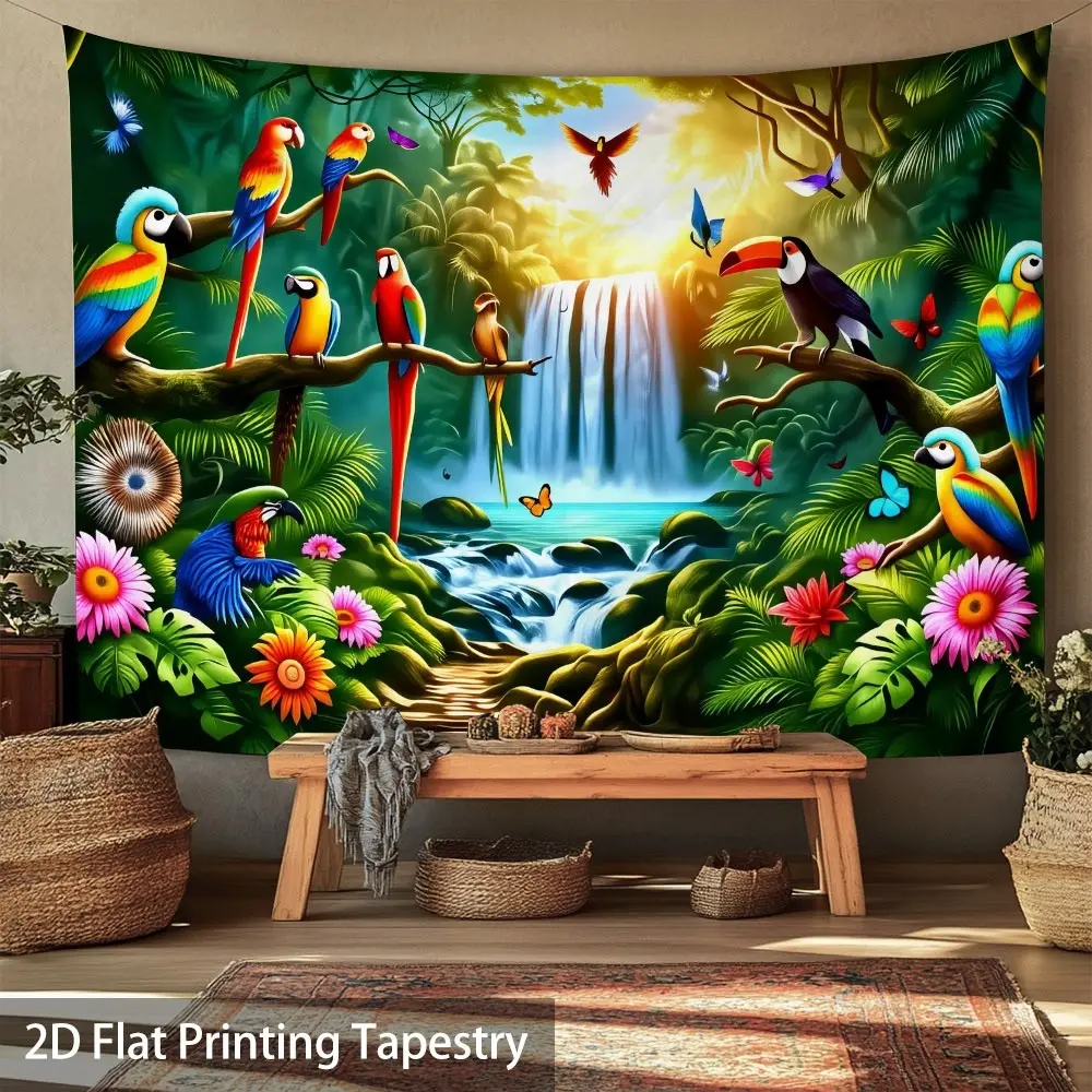 1pc Durable Decorative Polyester Tapestry - 2D Flat Tropical Jungle Parrot Waterfall Print, Living Room Wall Hanging Home Decor Tapestry Wall Mural, Durable Decorative Tapestry