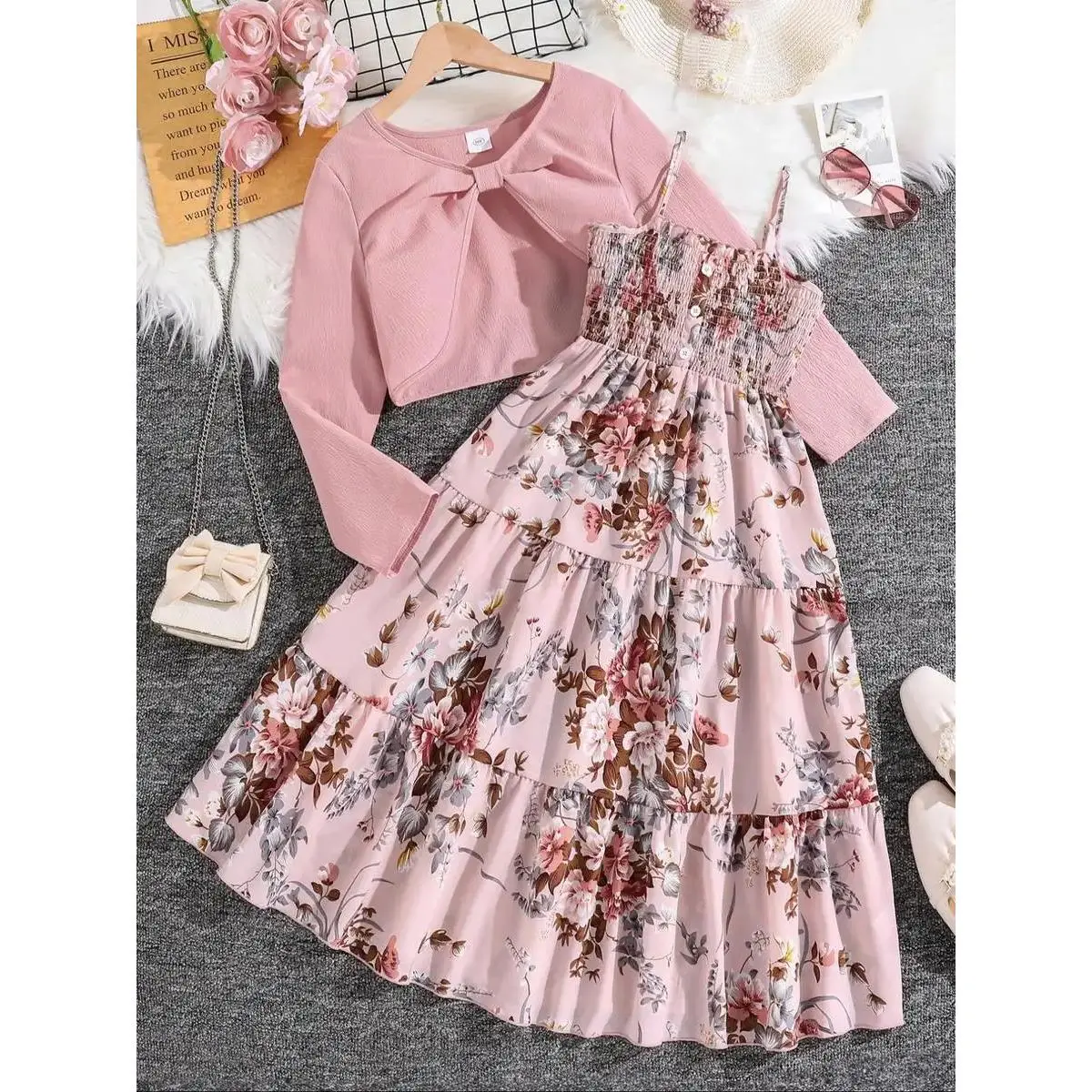 Girls' 2-Piece Flower Print Set, Bow Design Short Jacket & Strapless Dress, Elegant Sweet Fashion for Daily Wear