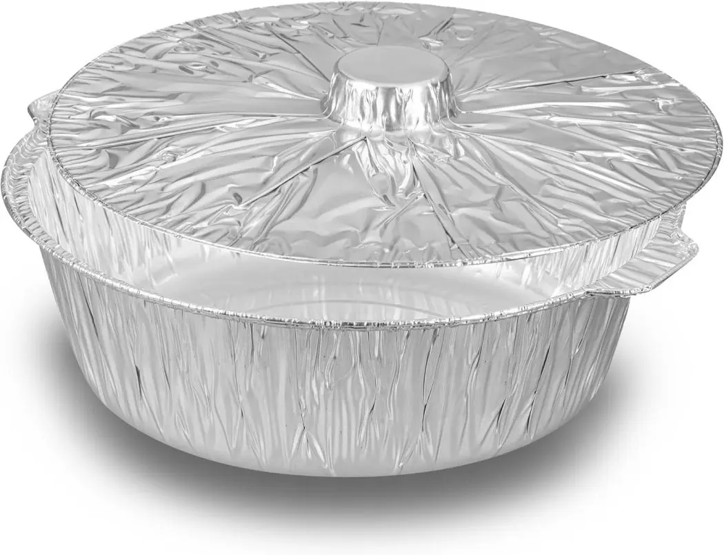 5 PCS Disposable Aluminum Circular Pots with Foil Cover, 13.3" X 4.7" Plain Disposable Cookware Kitchenware, Portable Food Containers for Travel Camping Baking