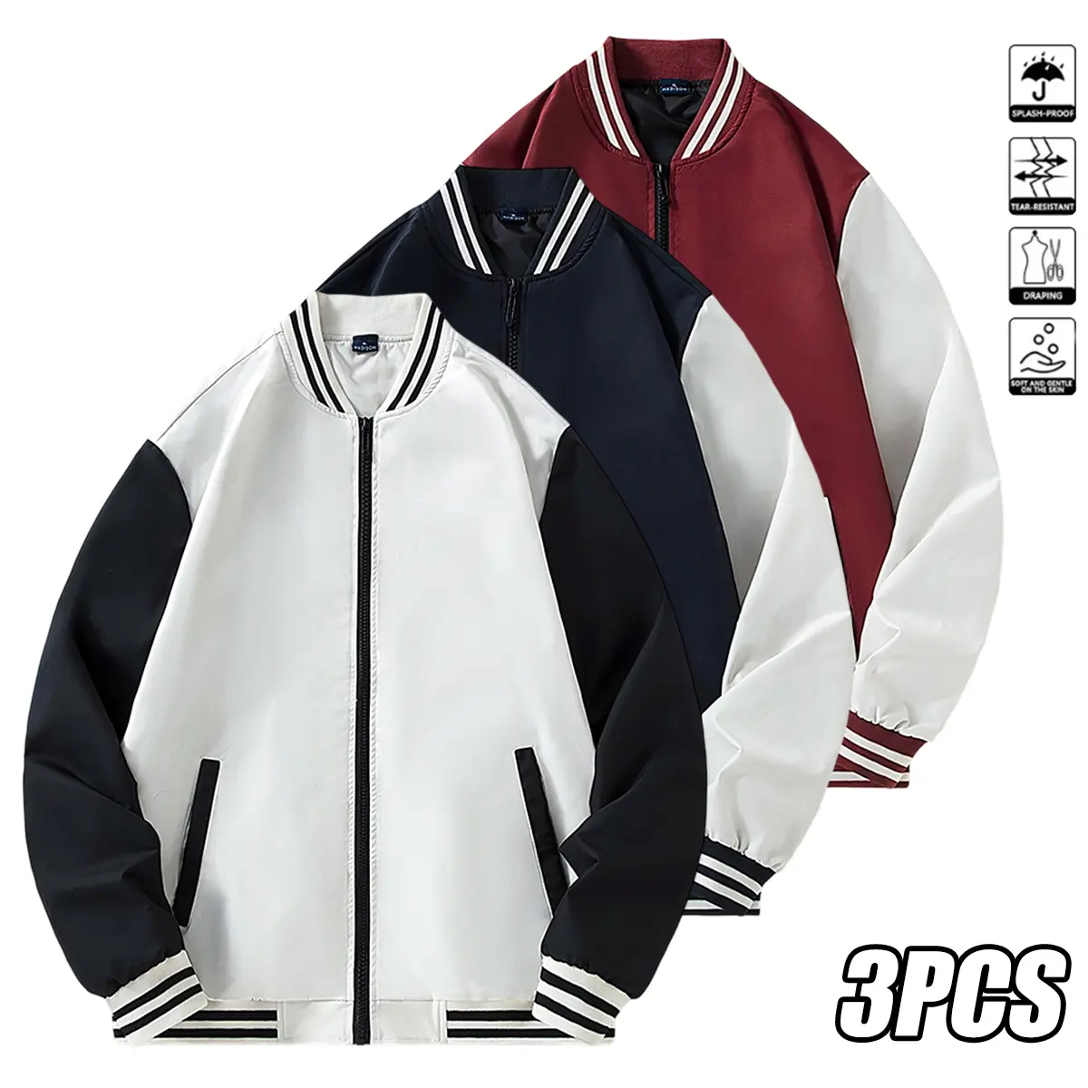 3pcs Men's Casual Baseball Jacket Coat , Spring / Autumn Fashion Full-Zip Baseball Jacket with Pockets, Ribbed Collar, Cuffs, and Hem , Color Block Design , Splash-Proof Fabric, Soft and Skin，Unisex Jacket
