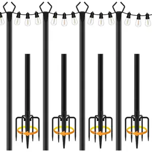 4 Pack 10 ft Heavy Duty Metal String Light Poles Adjustable Outdoor Lighting Stand for Patio,Backyard,Garden,Party & Wedding Rustproof & Sturdy with Hooks