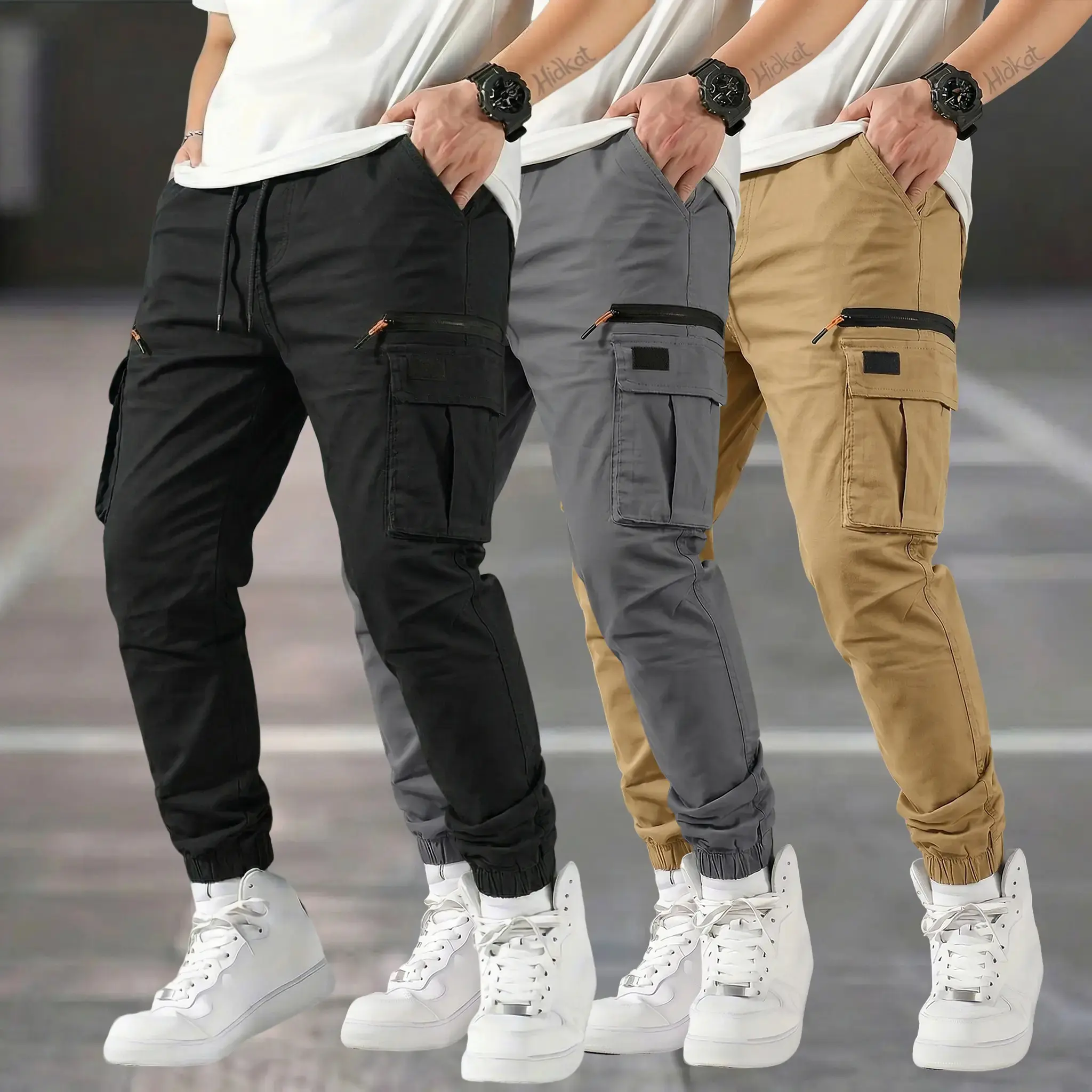 Men’s outdoor cargo pants, 3-pack — American casual straight-leg tapered harem long pants, tactical work pants for all-season commuting — a great holiday gift choice, featuring zippered large pockets; an essential for everyday outdoor enthusiasts, Menswea