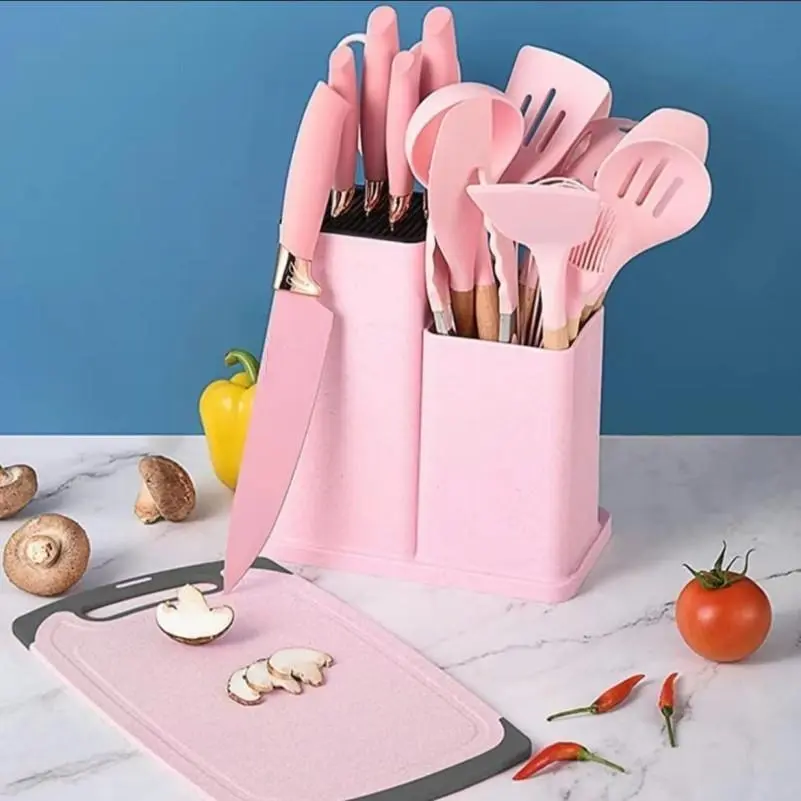 19-Piece Kitchen Knife Set with Heat-Resistant Silicone Cutlery & Wooden Handles - Includes Chef Knife, Non-Stick Compatible Tools, pots pans set Valentine's Day and More Cookware non stick pots and pans Kitchenware Nonstick Ladle Stylish White