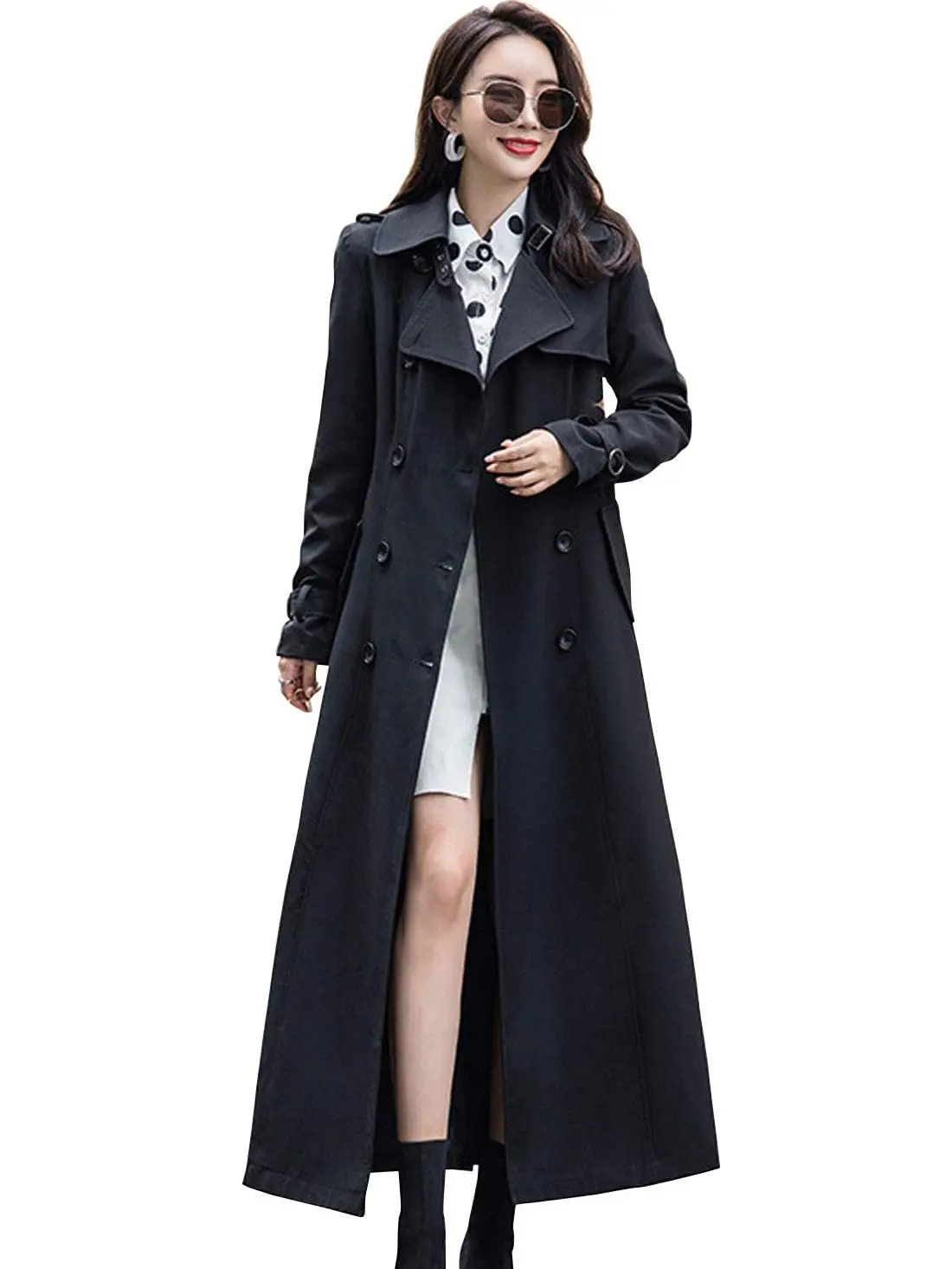 Ebossy Women's Double-Breasted Long Sleeve Duster Trench Coat - Slim, Full-Length Maxi Outerwear in Stylish Black for Everyday Wear