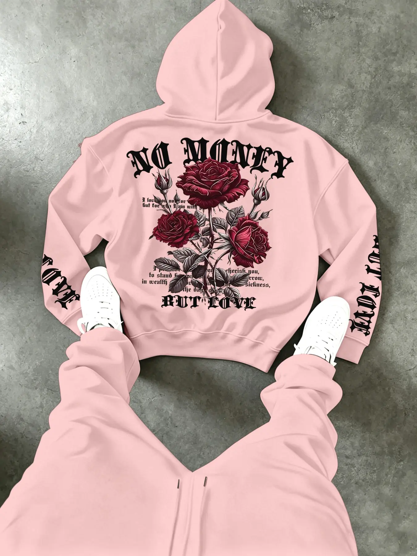 High Street Trendy Men's Hoodie, Drop Shoulder Design, Rose Flower Love Quote Print, Loose-Fit, Long Sleeves, Street Style, Sweatshirts, Tops, Streetwear, Essential for Urban Fashion