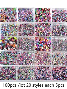 100pcs Stainless Steel Body Jewelry Set, Belly Rings Tongue Piercings Eyebrow Nose Lip Studs, 20 Models, Casual Colorblock Style, Nose Piercings Kit