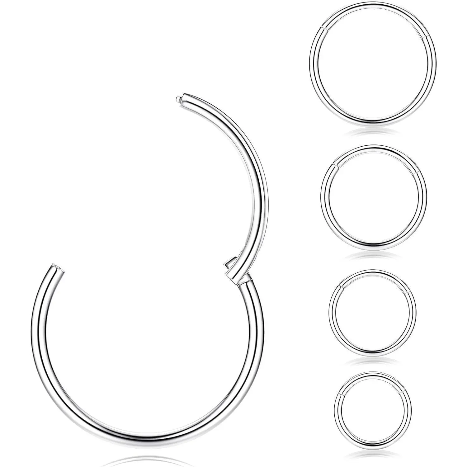 CASSIECA 5-Count Non-Tarnish G23 Titanium Clicker Nose Piercing Hoops, Unisex Septum Ring Body Jewelry (6/7/8/9/10mm, Daily Wear for Cartilage, Daith)