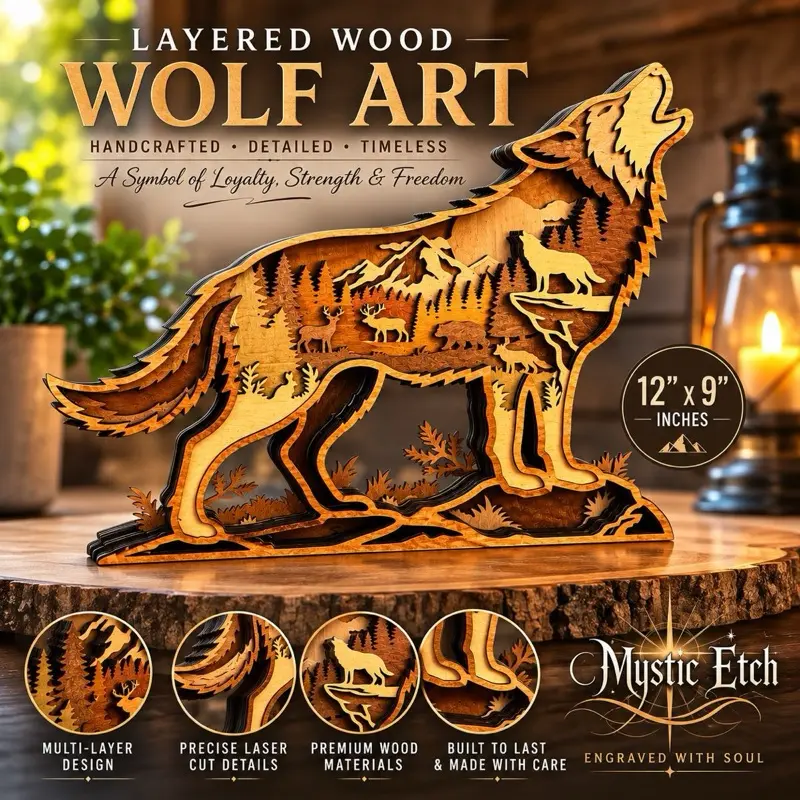Wooden Crafted Wolf Decor - Handmade Wooden Wolf Sculpture for Home Decor