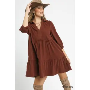 Umgee Tiered Corduroy Mini Dress with Balloon Sleeves