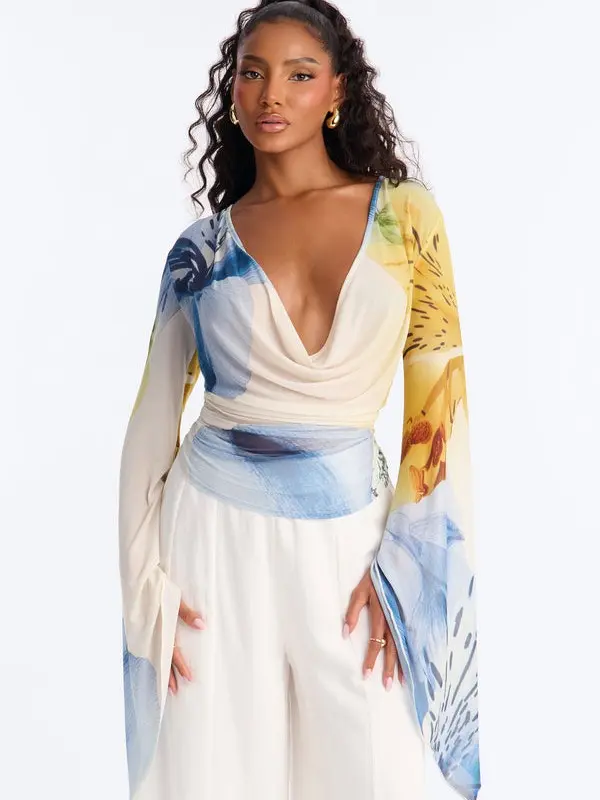 Women Fera Floral Mesh Cowl Neck Top - Blue/combo