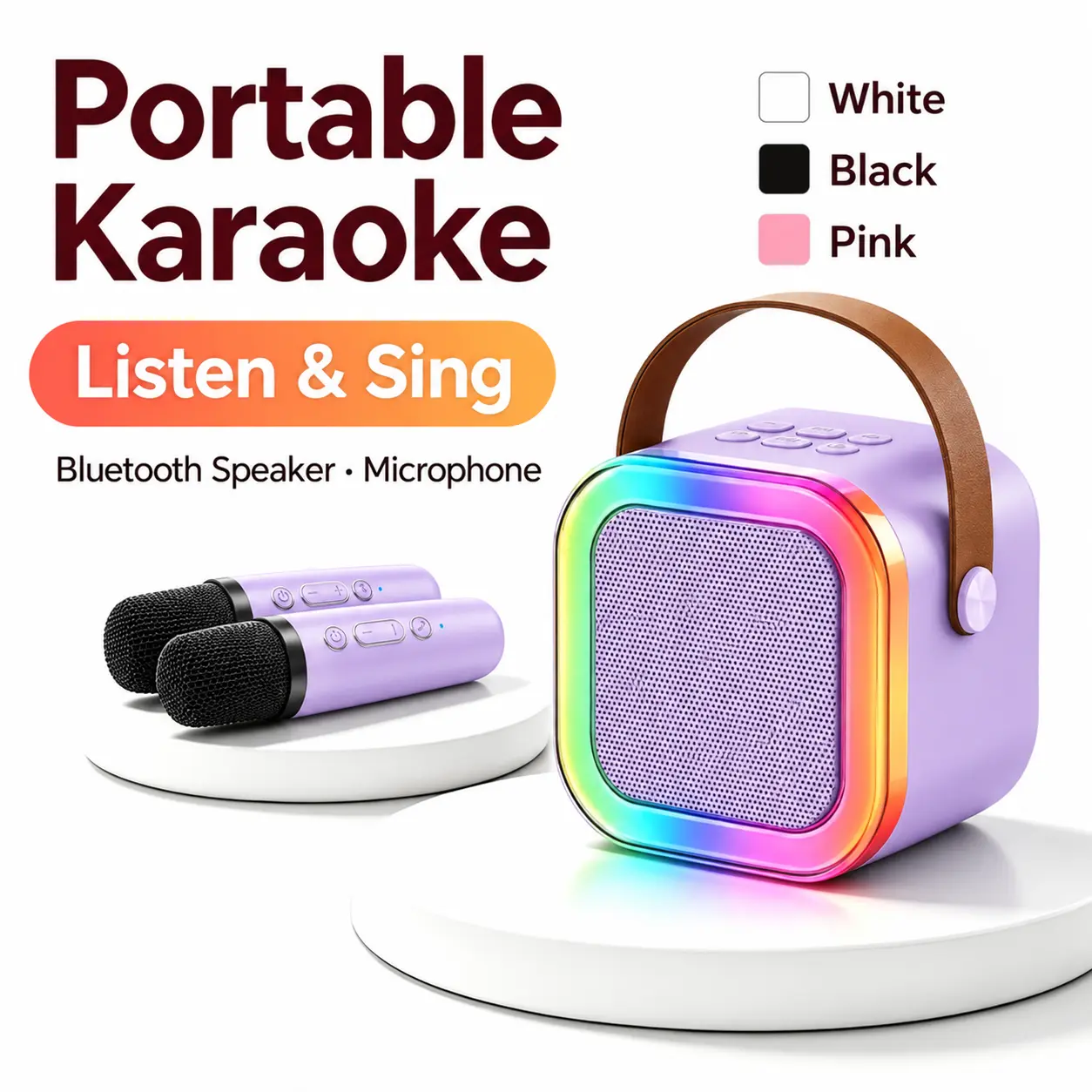 Portable Mini Karaoke Machine with 2 Wireless Microphones, Rechargeable Bluetooth Speaker with Colorful LED Lights, 3-in-1 Singing Set for Kids & Adults, Birthday Party, Family Gathering & Holiday Gifts