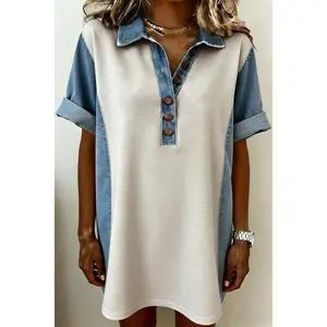Light Grey Denim Color Block Patchwork Button Polo Collar T Shirt Tunic Dress