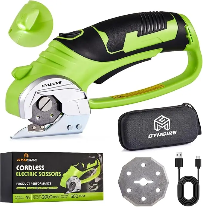 Gymsire Cordless Electric Scissors 4V Rechargeable Rotary Cutter | Powerful Fabric, Cardboard & Carpet Cutting Tool | Electric Box Cutter For Crafting, Sewing & Diy Projects With Extra Blade & Storage Bag