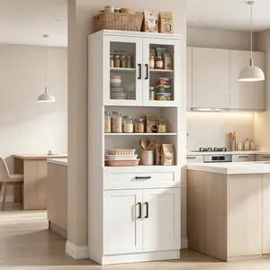 Homieasy 79.7'' Kitchen Pantry Storage Cabinet, Freestanding Kitchen Hutch Cabinet with Tempered Glass Doors & Adjustable Shelves, Display Bookcase for Living Room, Pantry Cabinet for Dining Room furniture