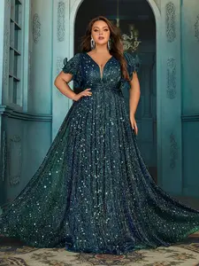 Women's Plus Size Teal Sequin Formal Evening Gown - Deep V-Neck, Ruffle Sleeve, Long Dress for Wedding Guest, Prom, Cocktail Party